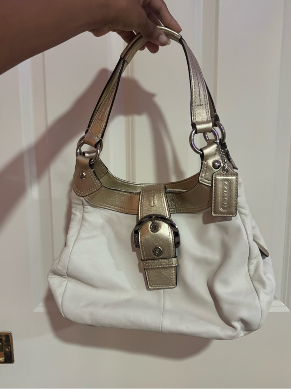 Coach White Leather Shoulder Bag with Gold Trim
